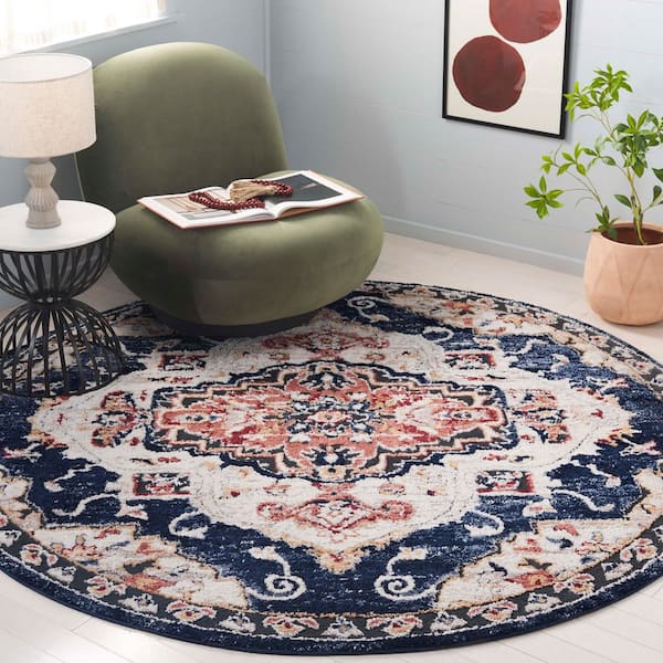Luna 7 ft. x 7 ft. Navy/Beige Rust Ornate Border Medallion Round Area Rug