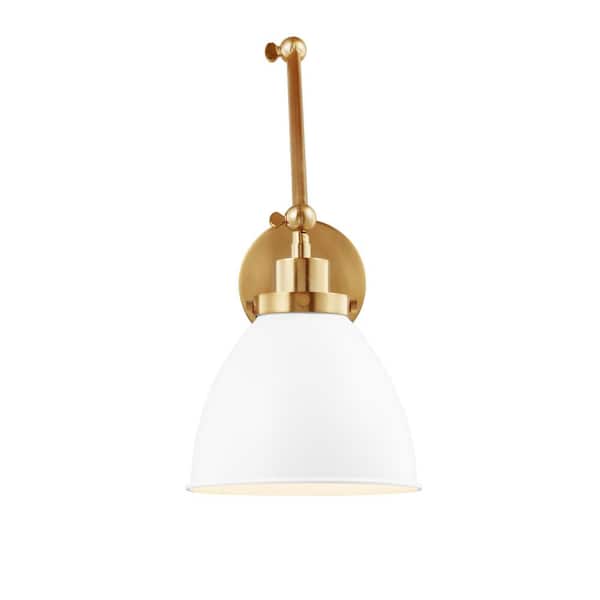 Generation Lighting Wellfleet 7.25 in. W 1-Light Matte White/Burnished Brass Double Arm Dome Task Wall Sconce with Steel Shade