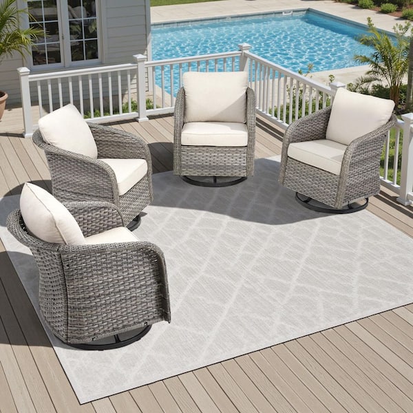 NestBarrel Light Gray Wicker Swivel Chair Patio Conversation Set with Olefin Beige 4 in. Thick Cushions (4-Piece)