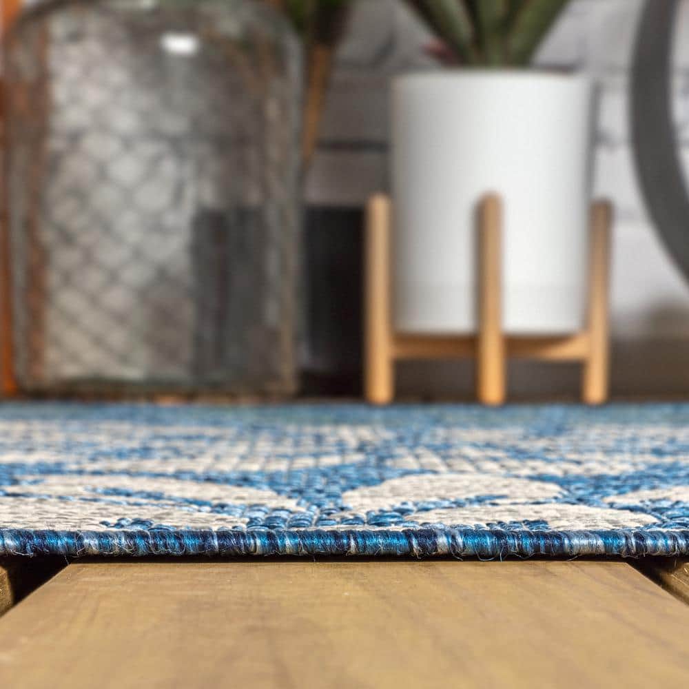 Navy Aqua Floral Synthetic Flat Woven Reversible Rug 5x8