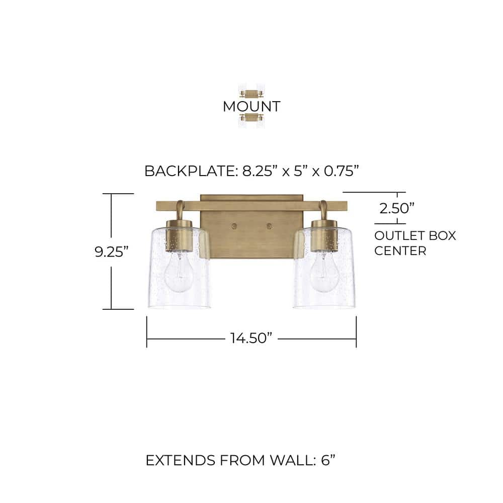 Aged Brass 2-Light Vanity Fixture with Clear Seeded Glass