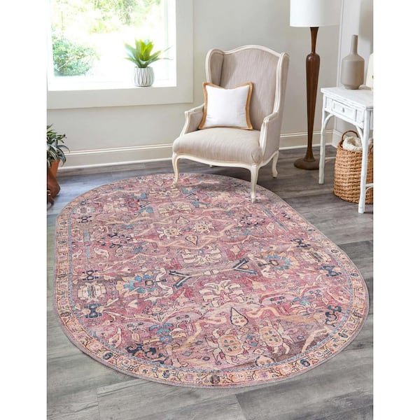 Nostalgia Katie Pink 8 ft. x 10 ft. Oval Machine Washable Area Rug