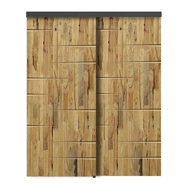 60 in. x 84 in. Hollow Core Weather Oak Stained Pine Wood Interior Double Sliding Closet Doors