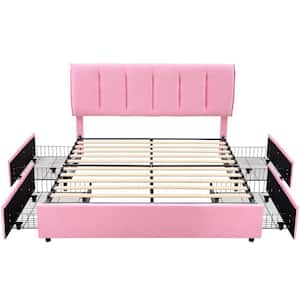 Upholstered Bed Frame Pink Queen Metal Frame With 4-Storage Drawers and Adjustable Headboard Platform Bed Frame