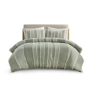 Green Down Alternative Cotton Sateen Full/Queen Comforter 3 Piece Striped Cotton Duvet Cover Set