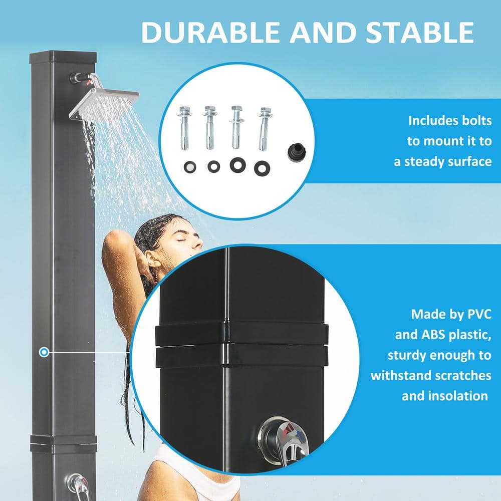 Black Solar Heated Outdoor Shower with Adjustable Head and Foot Shower