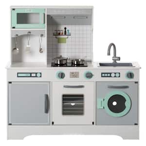 Wooden Play Kitchen Toy, Light on Microwave, Cabinet, Washer, Sound Electronic Stove, Microwave and Sink Ages 3 plus