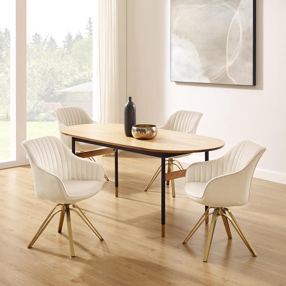 Off-White Contemporary Swivel Accent Chair with Gold Metal Legs