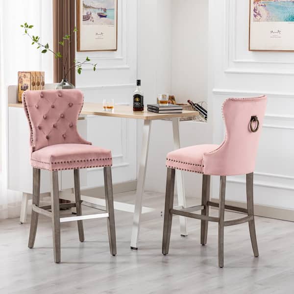 Harper 29 in. Pink Velvet Tufted Wingback Kitchen Counter Bar Stool with Solid Wood Frame in Antique Gray (Set of 2)