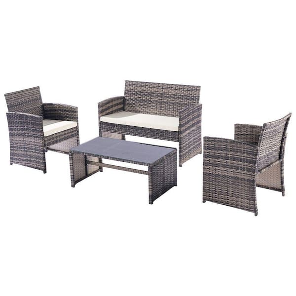 Amucolo 4-Piece Wicker Patio Conversation Set with Beige Cushions