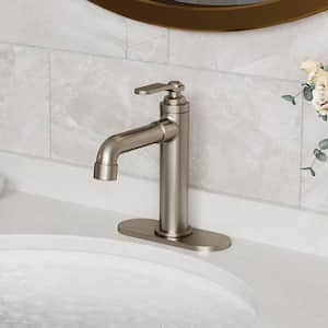 Single Handle Deck Mounted Bathroom Faucet with Deckpalte and Pop-up Drain in Brushed Nickel