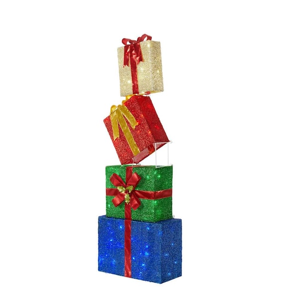 Home Accents Holiday 4.5 ft. Tinsel LED Stacked Gift Boxes Holiday ...