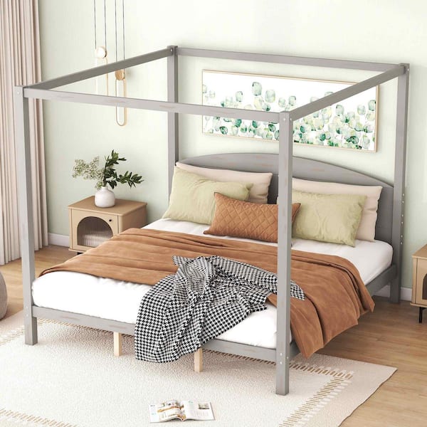 Polibi Gray Wood Frame King Size Platform Bed with Headboard and Support Legs