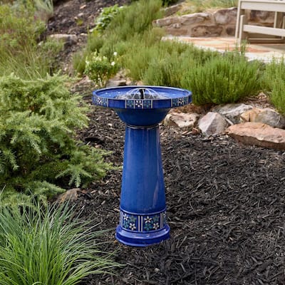Louisa Blue Flowers IntelliSOLAR Ceramic Birdbath with Remote
