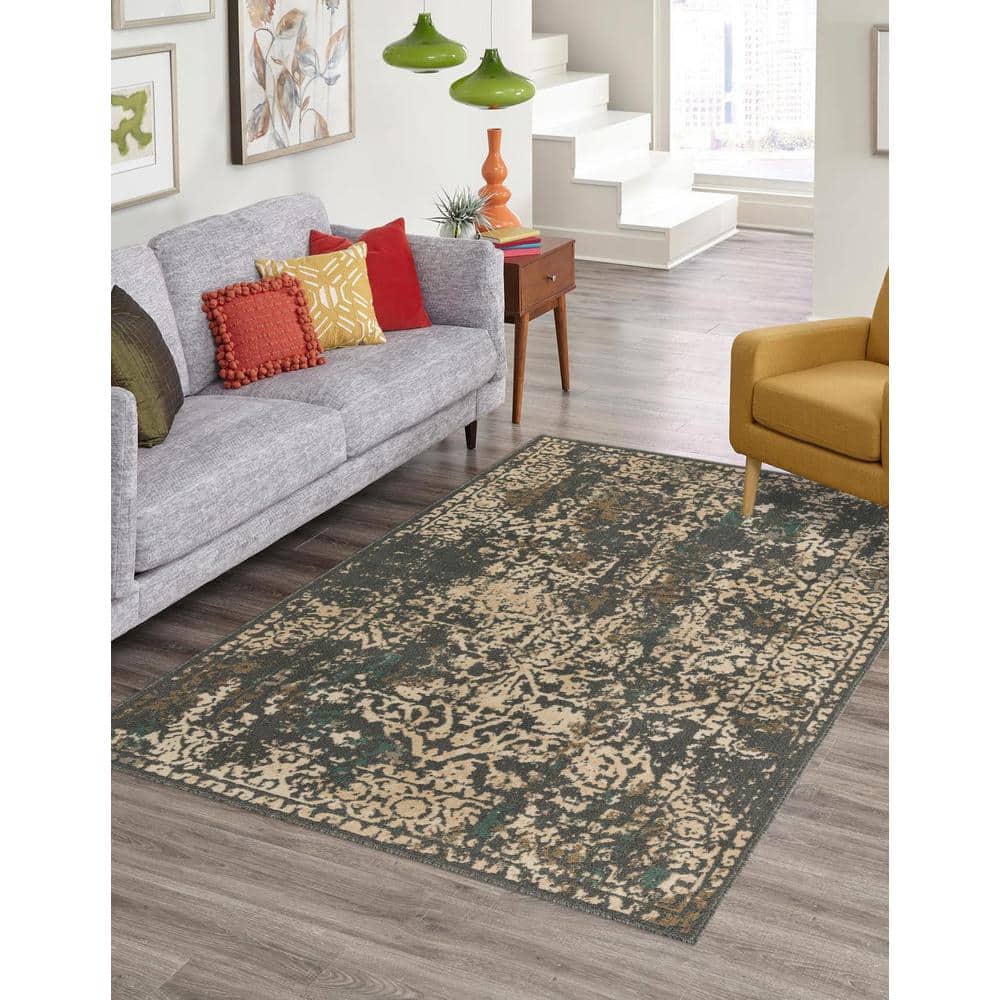 Gray and Beige Abstract 4' x 6' Stain-Resistant Synthetic Rug