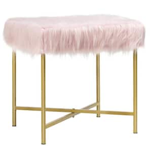 Pink Faux Fur Ottoman Footrest Stool with Metal Legs
