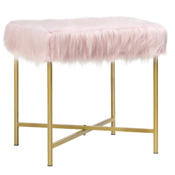 FORCLOVER Pink Faux Fur Ottoman Footrest Stool with Metal Legs