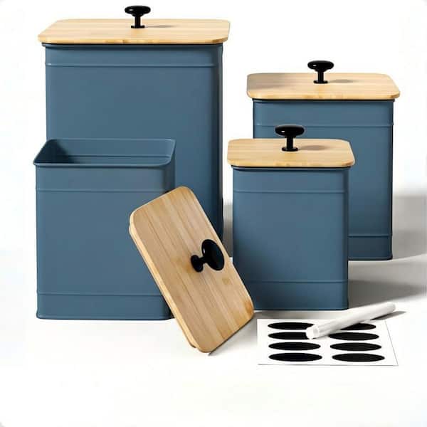 4-Piece Iron Kitchen Canister Set with Airtight Bamboo Lids, Chalkboard Labels, Marker Pen for Countertop in Blue