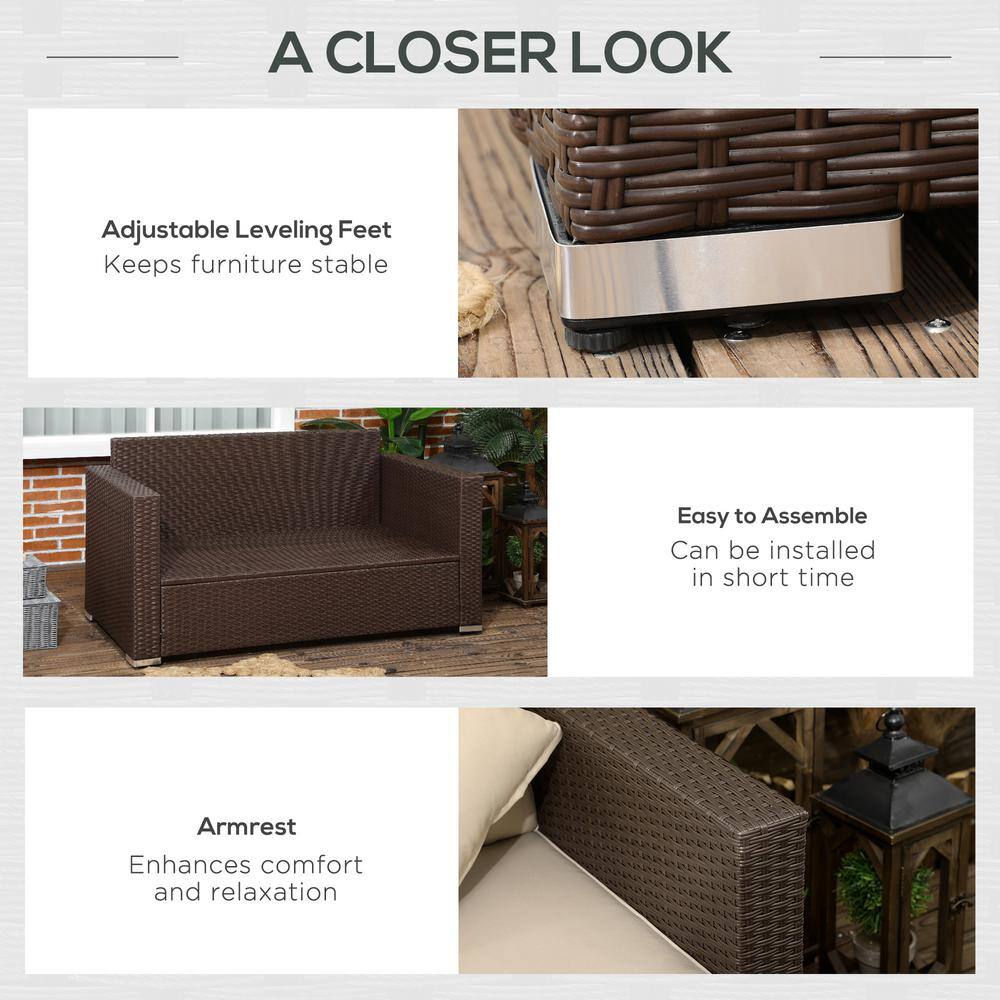 Beige Wicker Outdoor Loveseat with Cushions and Throw Pillows