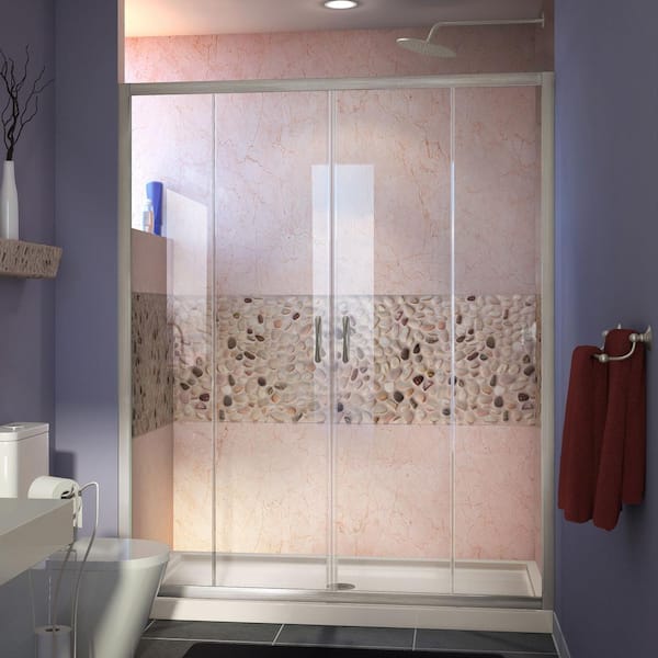 DreamLine Visions 60 in. W x 34 in. D x 74-3/4 in. H Semi-Frameless Shower Door in Brushed Nickel with Biscuit Base Center Drain
