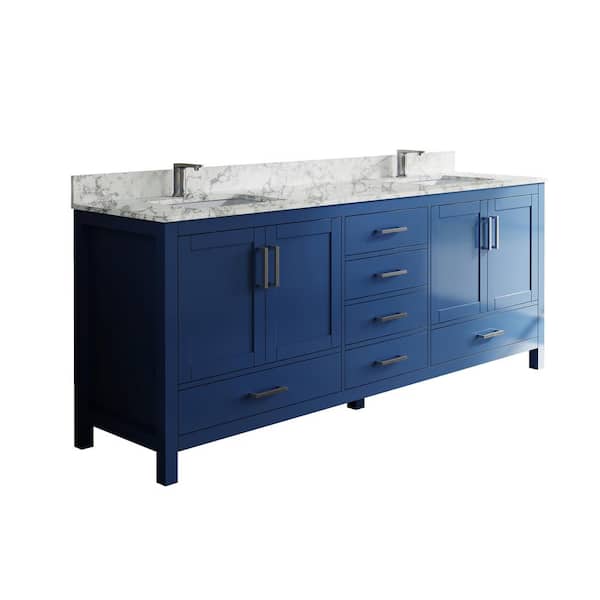 84 in. W x 22 in. D Solid Wood Freestanding Blue Bath Vanity with Carrara White Marble Top and Double Ceramic Sink