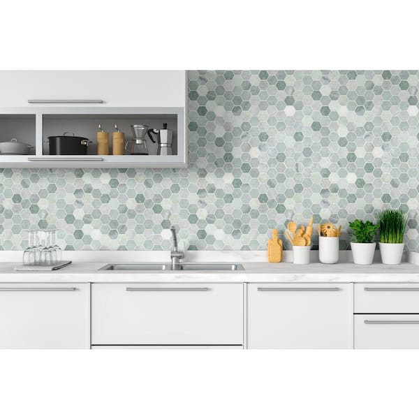 Icelandic Green Hexagon 12 in. x 12 in. Polished Marble Mesh-Mounted Floor and Wall Mosaic Tile (9.8 sq. ft./case)