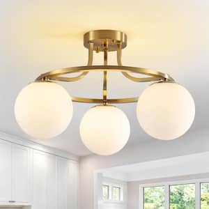 20.08 in. 3-Light Modern Round Matte Gold Semi-Flush Mount Ceiling Light with Milk Glass Globe for Hallway Kitchen