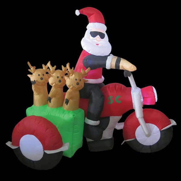 Brite Star 6 ft. W x 4 ft. H Santa on Motorcycle with 3 Reindeer in Sidecar Inflatable Airblown