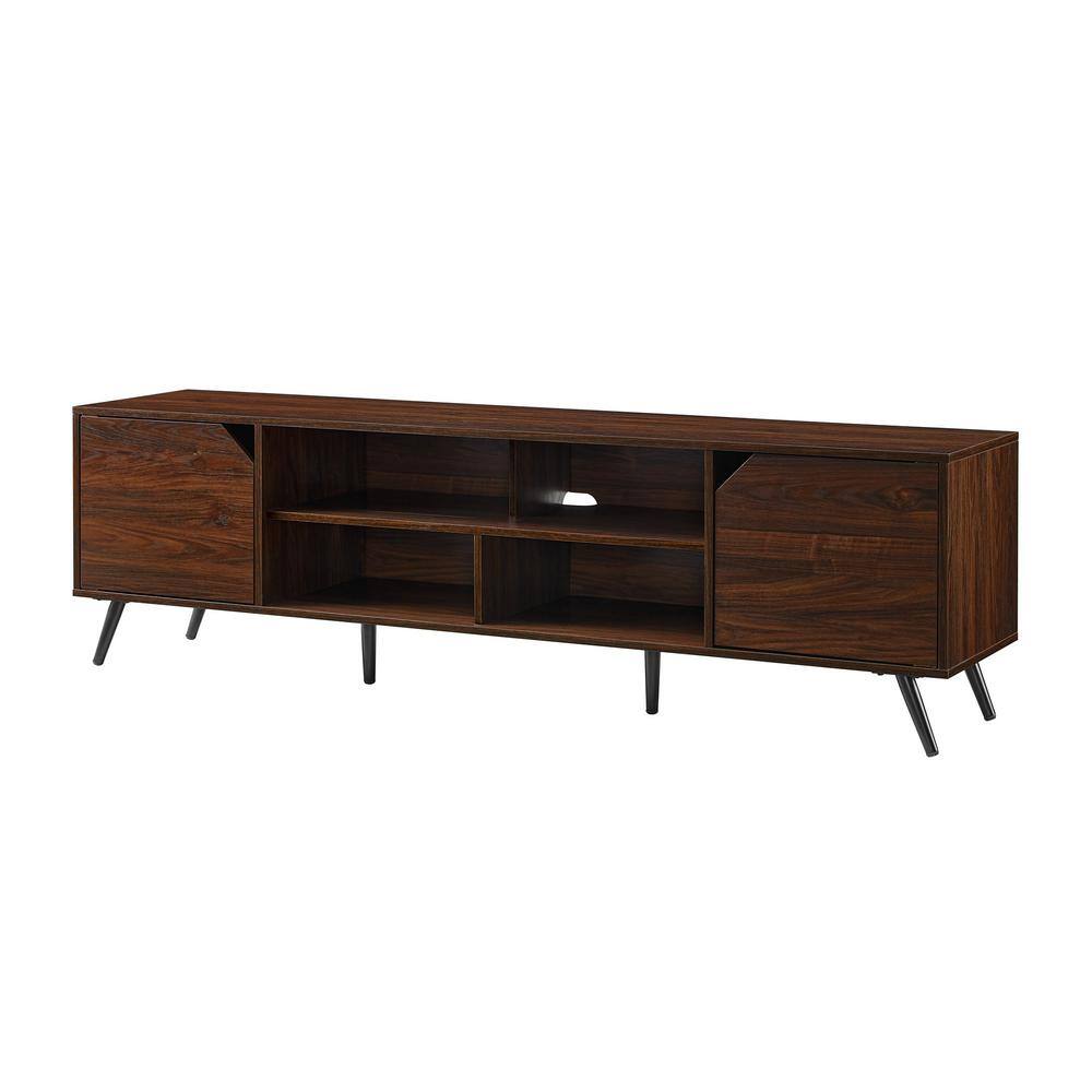 70" Dark Walnut Wood TV Stand with Cabinet and Shelves