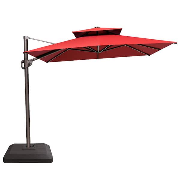 Crestlive Products 11 ft. x 9 ft. Double Top Rectangular Cantilever Patio Umbrella in Red with 220 lbs. HDPE Brown Base