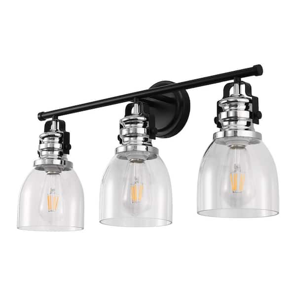 YANSUN 24 in. 3-Light Black and Nickel Modern Bell Vanity Light for Bathroom Mirror with Clear Glass Shades