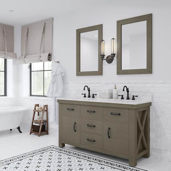 Water Creation Aberdeen 60 in. W x 34 in. H Vanity in Gray with Marble Vanity Top in Carrara White with White Basins and Faucets