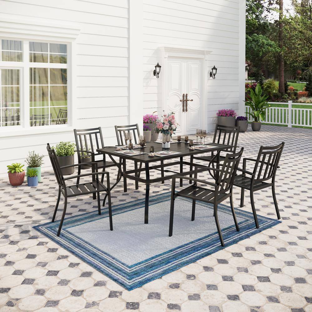 PHI VILLA Black 7-Piece Metal Outdoor Patio Dining Set With Slat ...