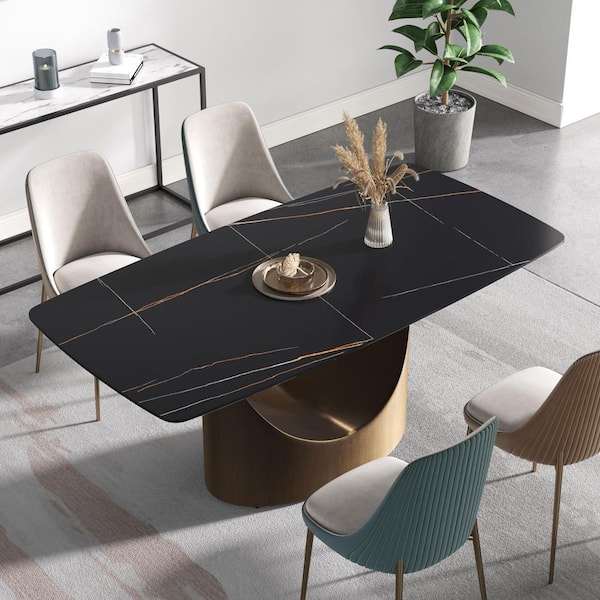 J&E Home 70.86 in. Black Rectangle Sintered Stone Tabletop Dining Table with Gold Carbon Steel (Seats 6)