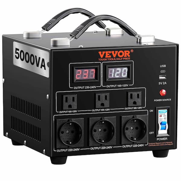 Voltage Converter Transformer 5000-Watt Up/Down Transformer 110V/220-Volt with US/EU Outlet 5-Volt USB Port CE Certified