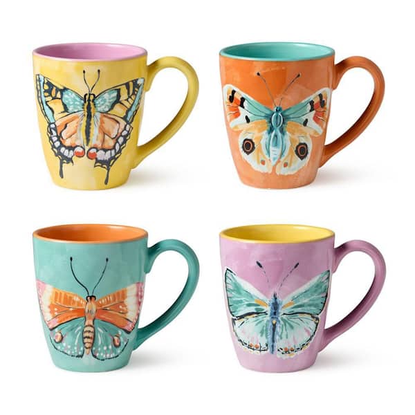 Certified International Butterflies 16 fl. oz. Multi-Colored Ceramic Mugs (Set of 4)
