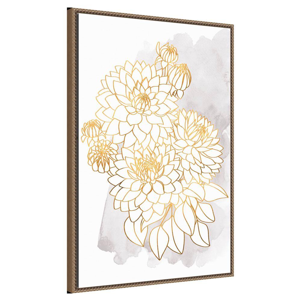 Gold and Gray Dahlia Bouquet Framed Canvas Wall Art