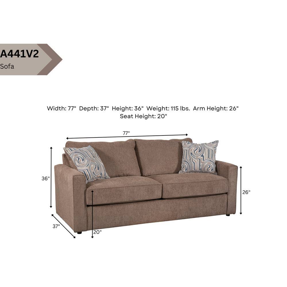 Latte Brown Chenille Sofa with Swirl Accent Pillows