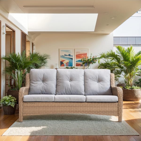 moosprr 3-Seat Yellow PE Wicker Outdoor Couch with Beige Cushions and Curved Arm Design