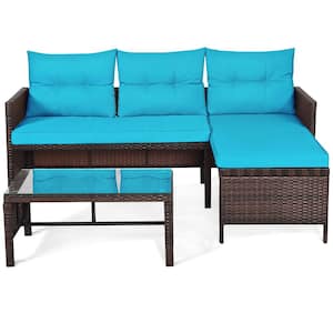 3-Pieces Rattan Outdoor Furniture Set Patio Couch Sofa Set with Turquoise Cushion