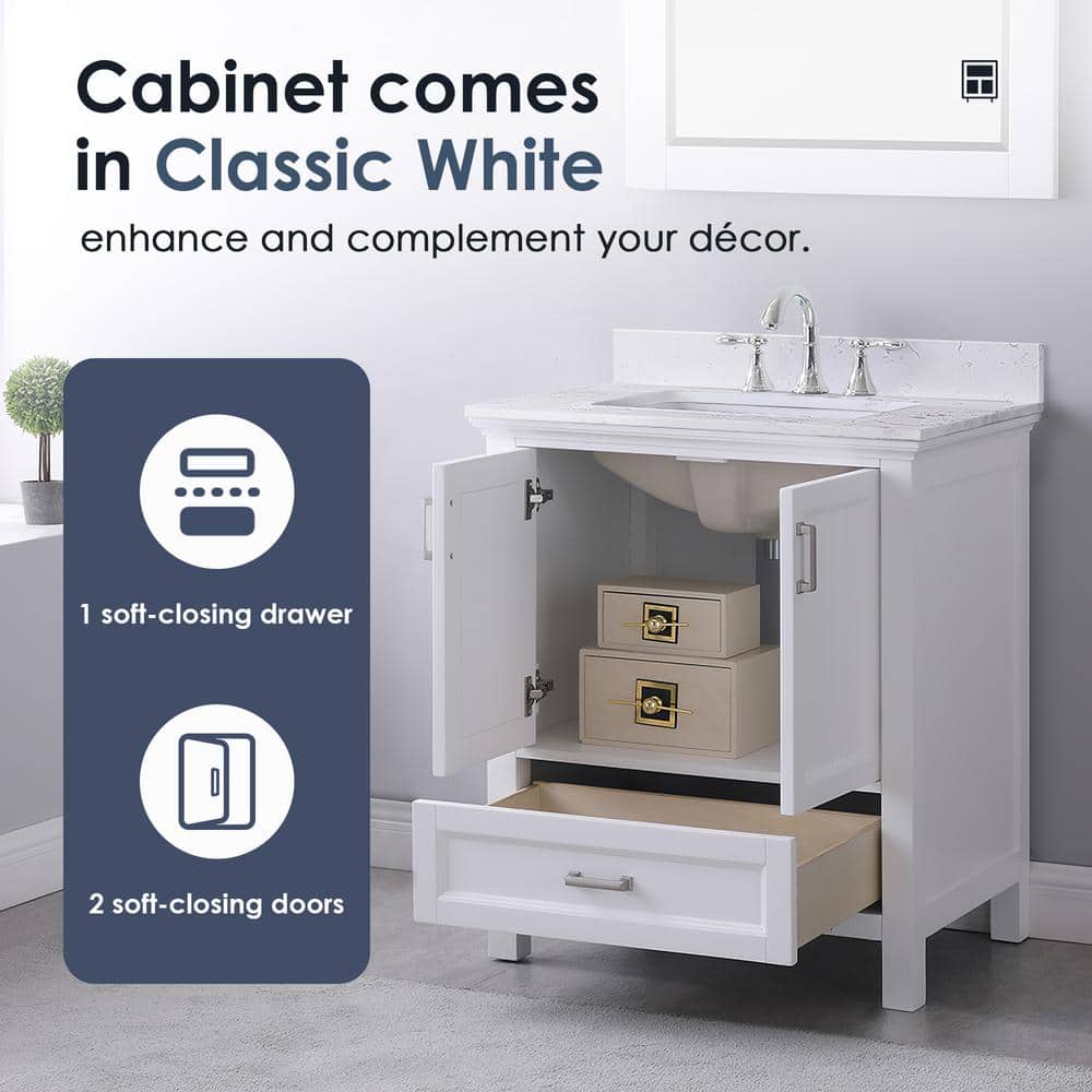 Isla 30" White Single Bathroom Vanity with Marble Countertop