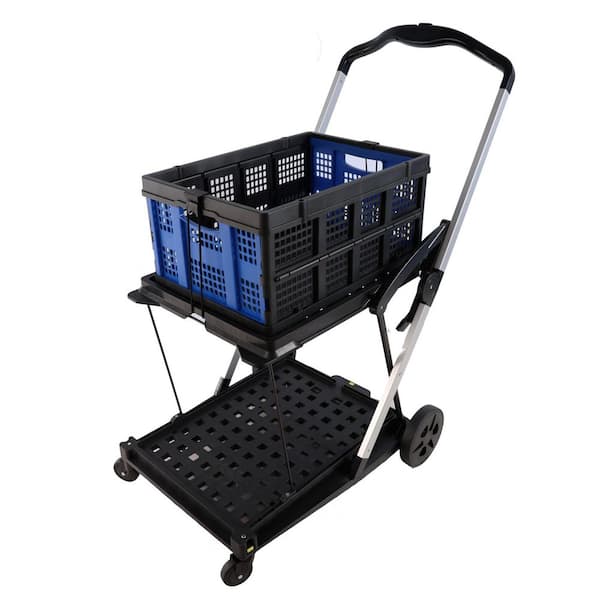 Folding Service Cart with Wheels Double-Decker, Shopping, Library, Office Warehouse Moving Carts-Black+Blue