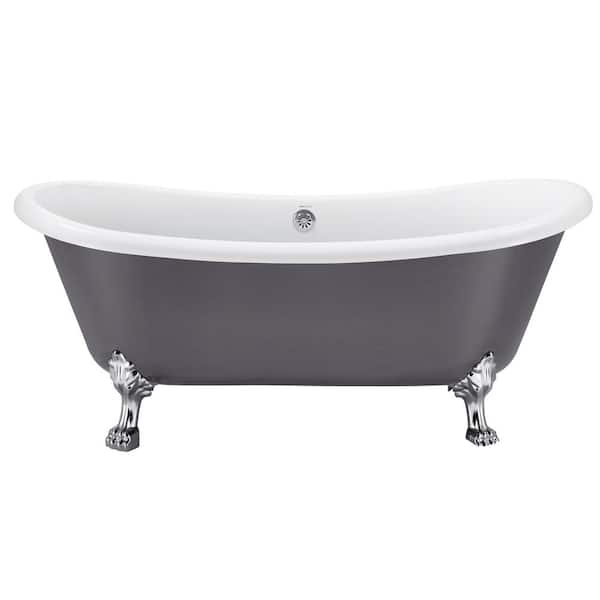VANITYFUS 66.3 in. Acrylic Freestanding Clawfoot Soaking Bathtub in Grey with Brass Drain and Overflow
