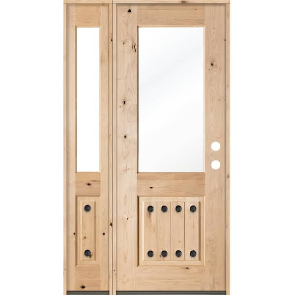 Krosswood Doors 50 in. x 96 in. Mediterranean Knotty Alder Half Lite Unfinished Left-Hand Inswing Prehung Front Door with Left Sidelite