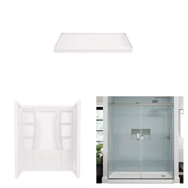 Classic 500 60 in. x 32 in. Shower Pan with Right Drain, 3-Piece Shower Surround and 59-3/8 in. Sliding Door Combo