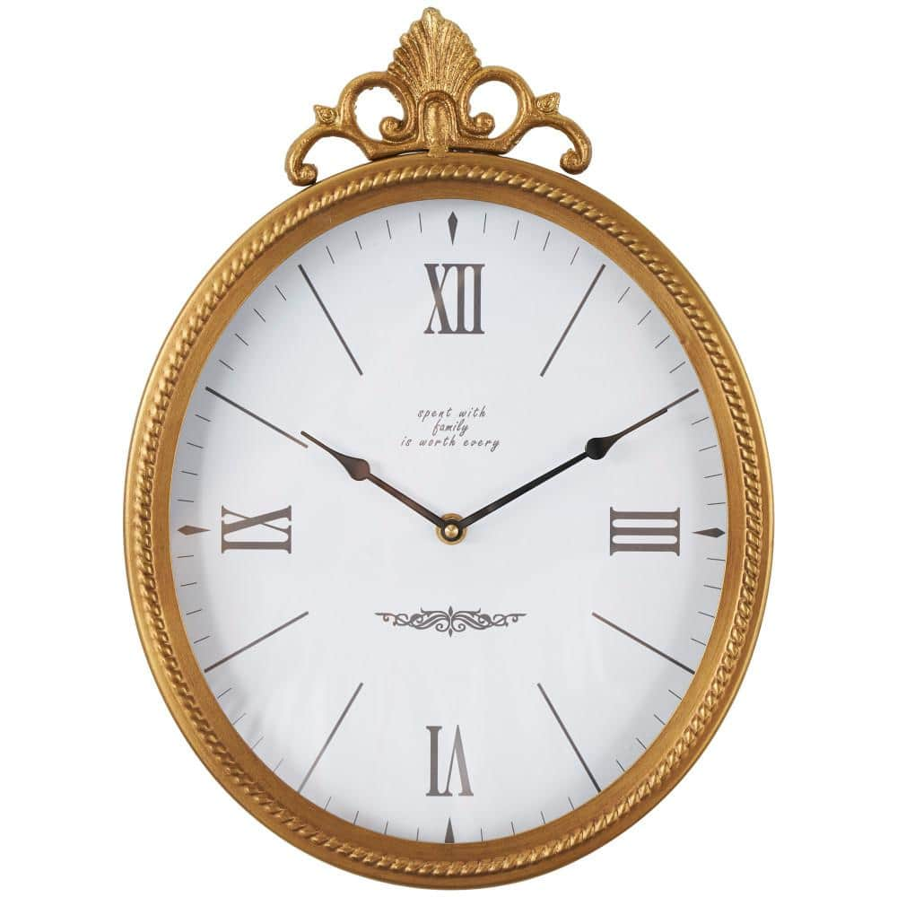 Litton Lane Gold Metal Antique Inspired Wall Clock With Scrolled Finial 044349 The Home Depot