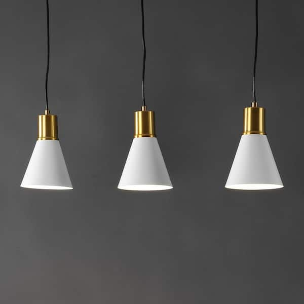 JONATHAN Y Apollo 33.5 in. 3-Light White/Brass Gold Mid-Century Modern Iron Adjustable Linear LED Globe Pendant Light