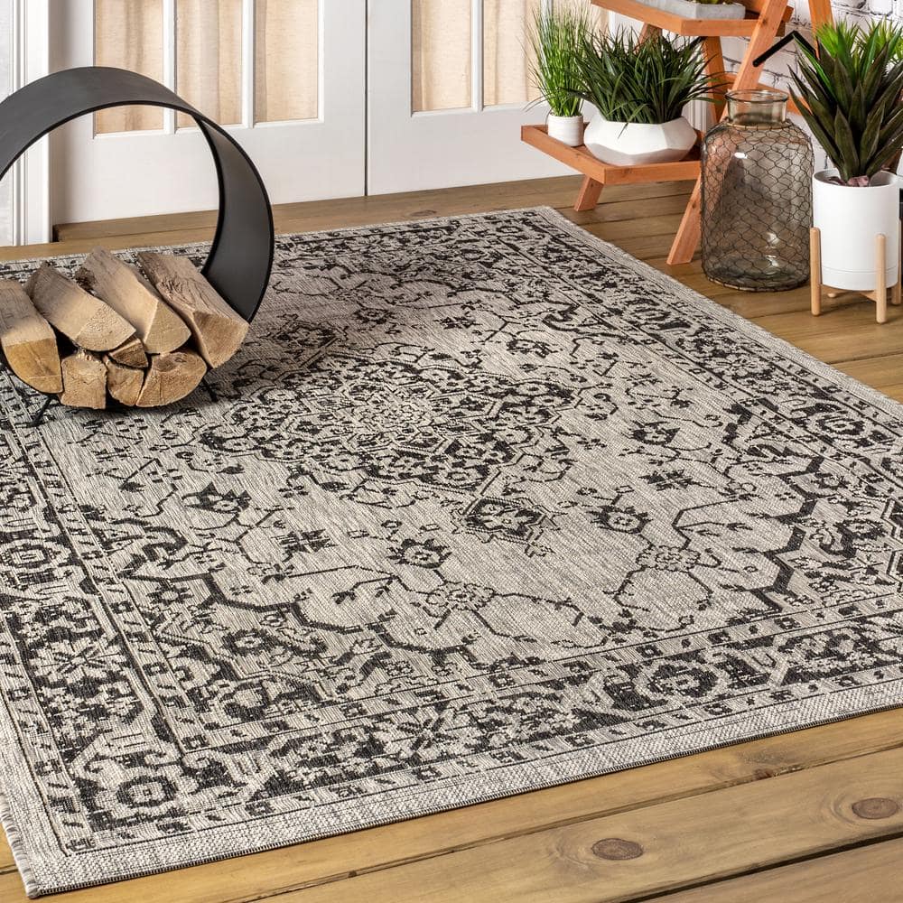 Gray Synthetic Medallion 9' x 12' Flat Woven Rug