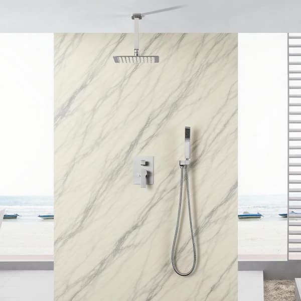 Vara 2-spray Ceiling Mount 10 in. Dual Shower Head and Handheld Shower Head 2 GPM in Brushed Nickel