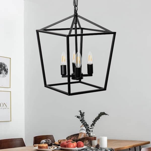 4-Light Black Farmhouse Chandelier, Vintage Metal Lantern Pendant Foyer Kitchen Island